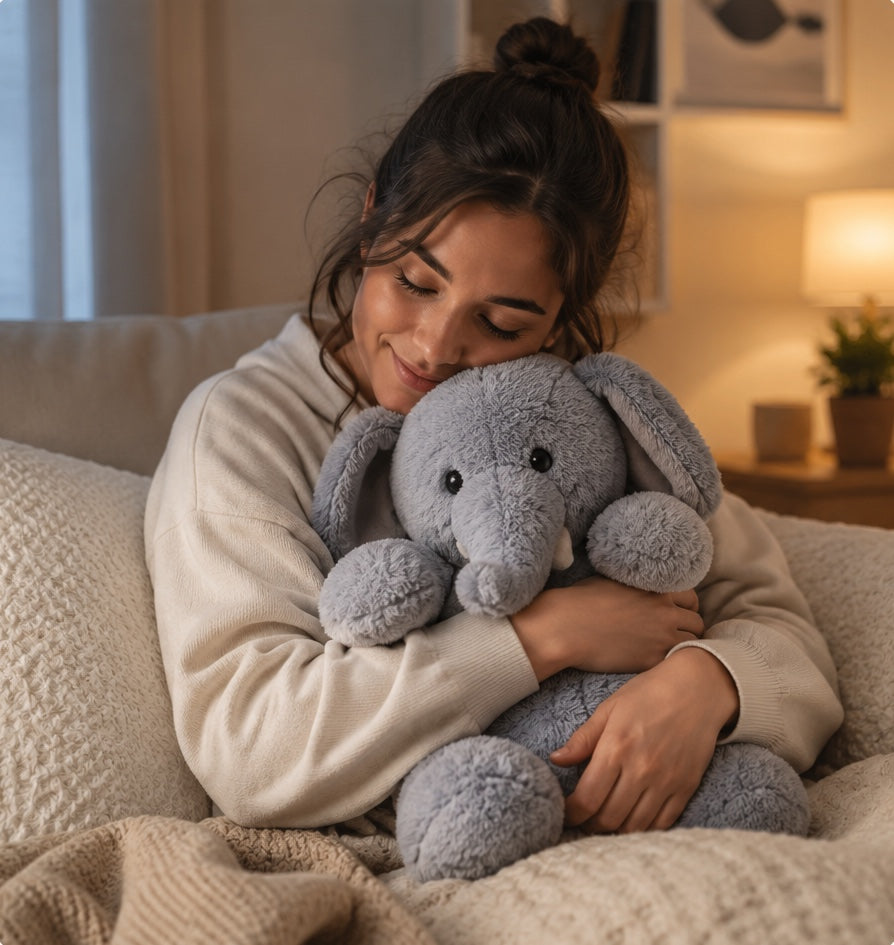 A woman relaxing on a sofa, hugging a soft grey weighted elephant plush in warm lamplight